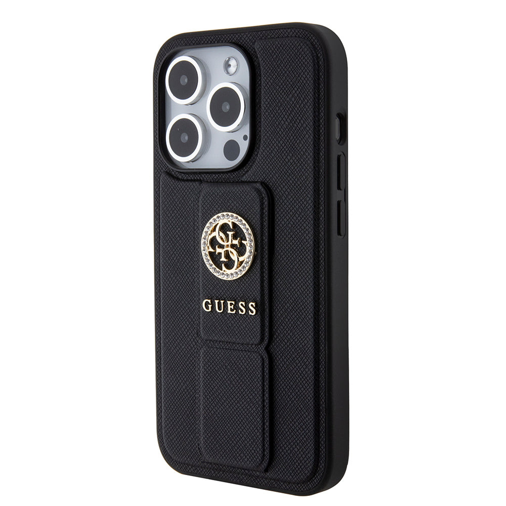 Case for Apple iPhone 15 Pro Max, Guess, Grip Stand 4G Saffiano Strass, Black