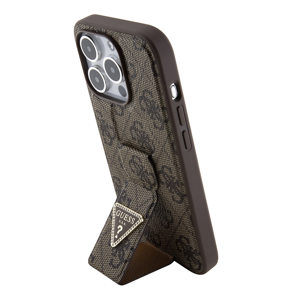 Case for Apple iPhone 15 Pro Max, Guess, Grip Stand 4G Triangle Strass, Brown