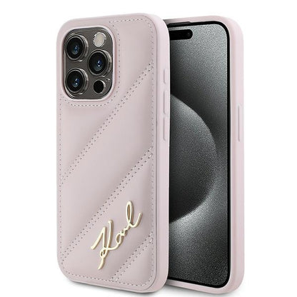 Case for Apple iPhone 15 Pro Max, Karl Lagerfeld, Diagonal Quilted Script, Pink
