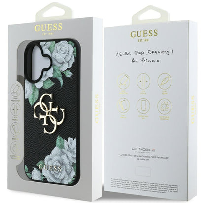 Case for Apple iPhone 16, Guess, 4G Grained Roses Big Logo, Black