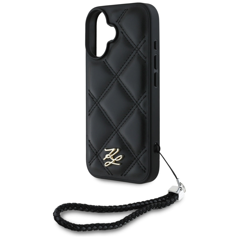 Case for Apple iPhone 16, Karl Lagerfeld, Quilted Initial Logo & Chain Strap, Black