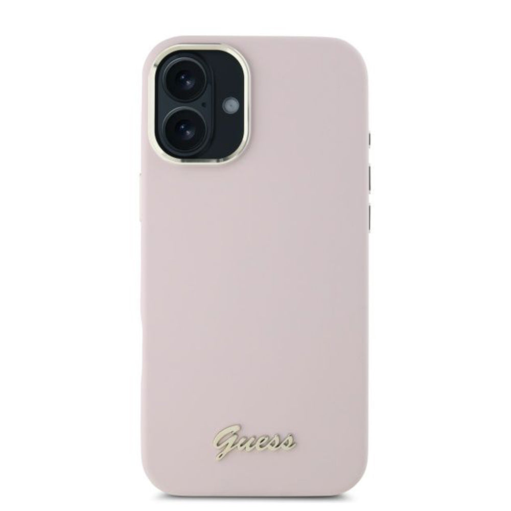 Case for Apple iPhone 16 Plus, Guess, Script Metal Logo & Frame, Pink