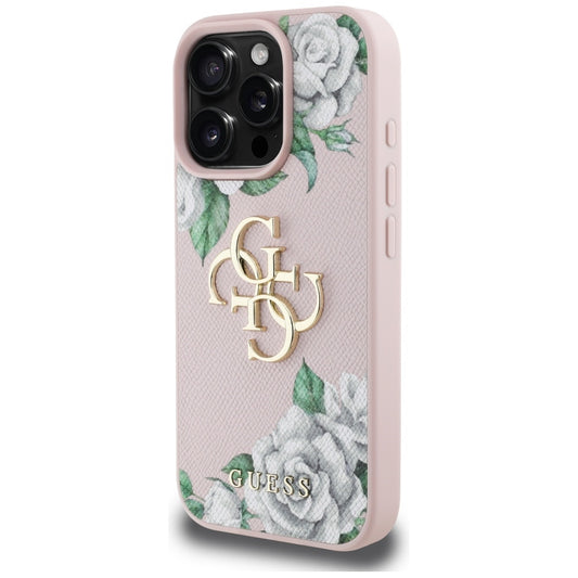 Case for Apple iPhone 16 Pro, Guess, 4G Grained Roses Big Logo, Pink