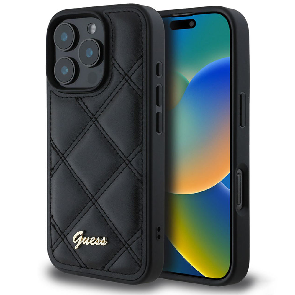 Case for Apple iPhone 16 Pro, Guess, Quilted Metal Logo, Black