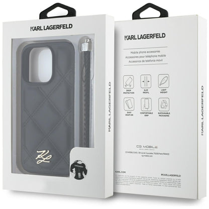 Case for Apple iPhone 16 Pro Max, Karl Lagerfeld, Quilted Initial Logo & Chain Strap, Black