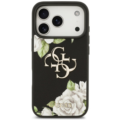 Case for Apple iPhone 17 Pro, Guess, 4G Grained Roses Big Logo, Black