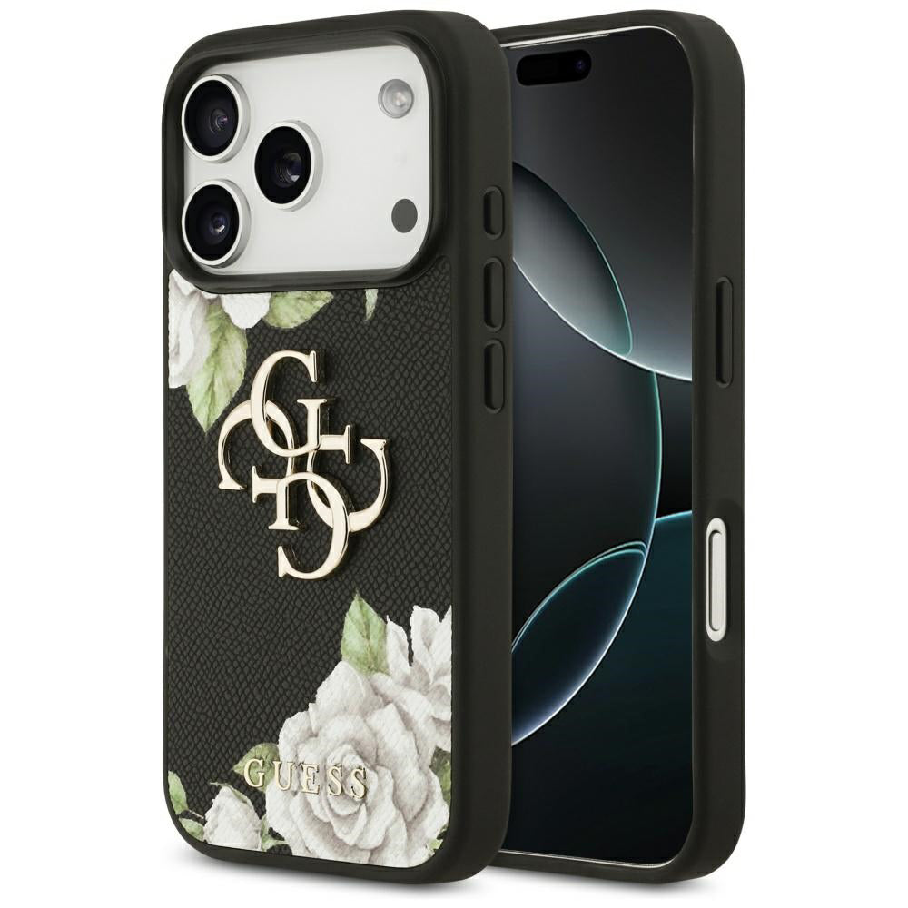 Case for Apple iPhone 17 Pro, Guess, 4G Grained Roses Big Logo, Black