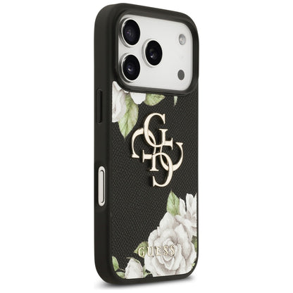 Case for Apple iPhone 17 Pro, Guess, 4G Grained Roses Big Logo, Black