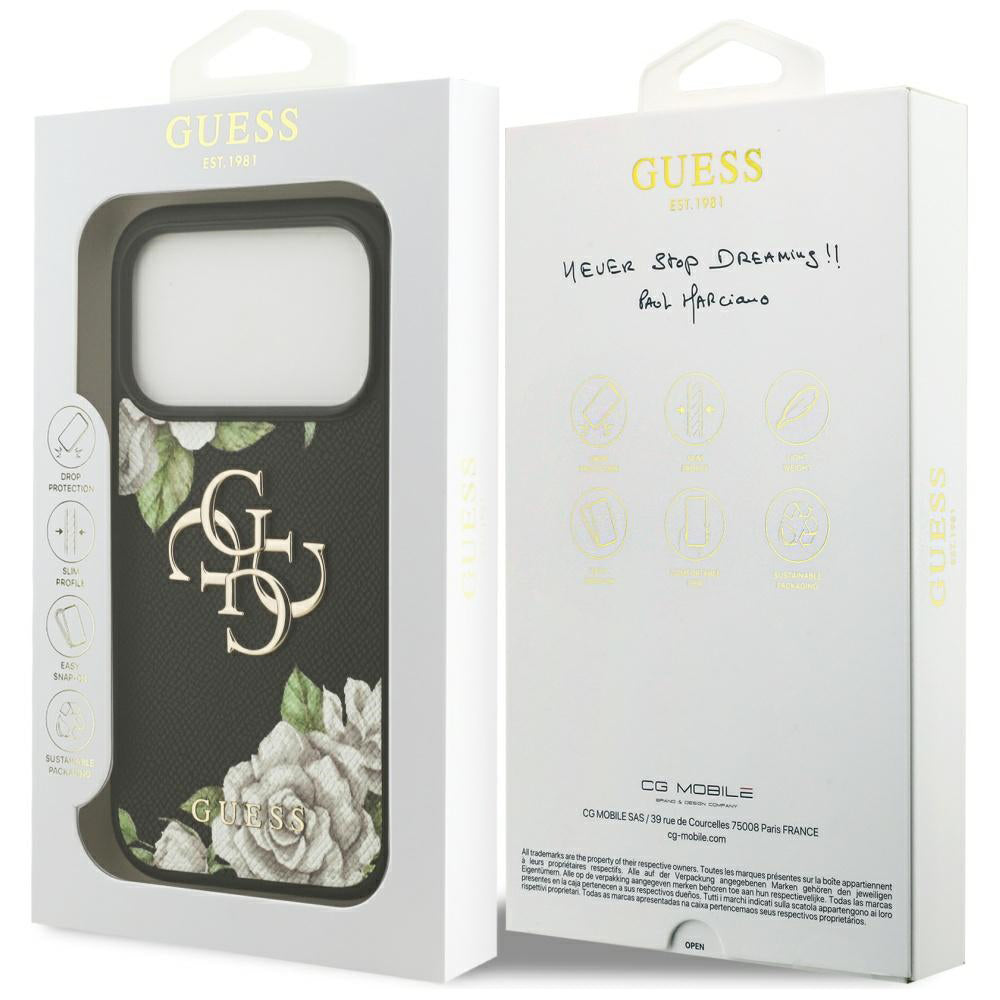 Case for Apple iPhone 17 Pro, Guess, 4G Grained Roses Big Logo, Black