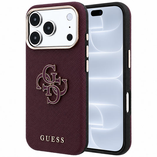 Case for Apple iPhone 18 Pro / 17 Pro, Guess, Grained Big Resin Logo, Burgundy