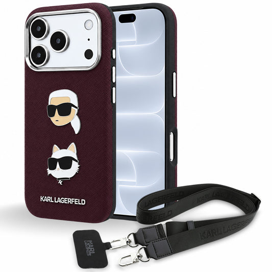 Case for Apple iPhone 18 Pro / 17 Pro, Karl Lagerfeld, Saffiano Crossbody Karl & Choupette Head's Pins Logo, Burgundy