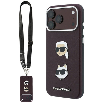 Case for Apple iPhone 18 Pro / 17 Pro, Karl Lagerfeld, Saffiano Crossbody Karl & Choupette Head's Pins Logo, Burgundy