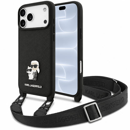 Case for Apple iPhone 18 Pro / 17 Pro, Karl Lagerfeld, Saffiano Crossbody Metal Pin Karl & Choupette, Black