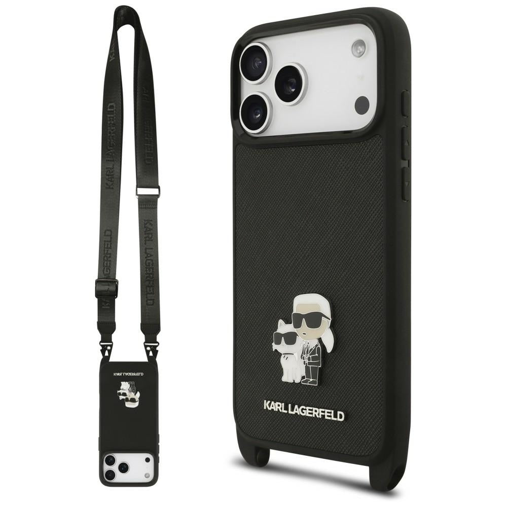 Case for Apple iPhone 18 Pro / 17 Pro, Karl Lagerfeld, Saffiano Crossbody Metal Pin Karl & Choupette, Black