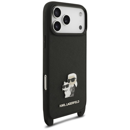 Case for Apple iPhone 18 Pro / 17 Pro, Karl Lagerfeld, Saffiano Crossbody Metal Pin Karl & Choupette, Black
