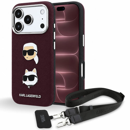 Case for Apple iPhone 18 Pro Max / 17 Pro Max, Karl Lagerfeld, Saffiano Crossbody Karl & Choupette Head's Pins Logo, Burgundy