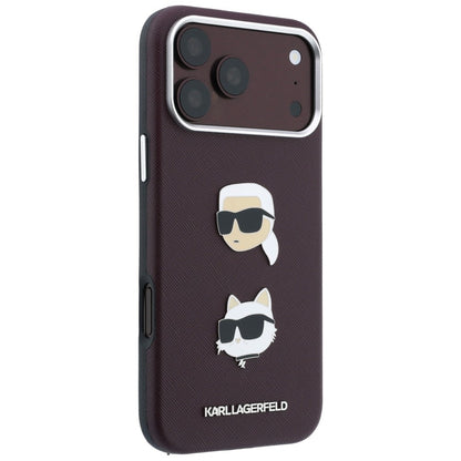 Case for Apple iPhone 18 Pro Max / 17 Pro Max, Karl Lagerfeld, Saffiano Crossbody Karl & Choupette Head's Pins Logo, Burgundy