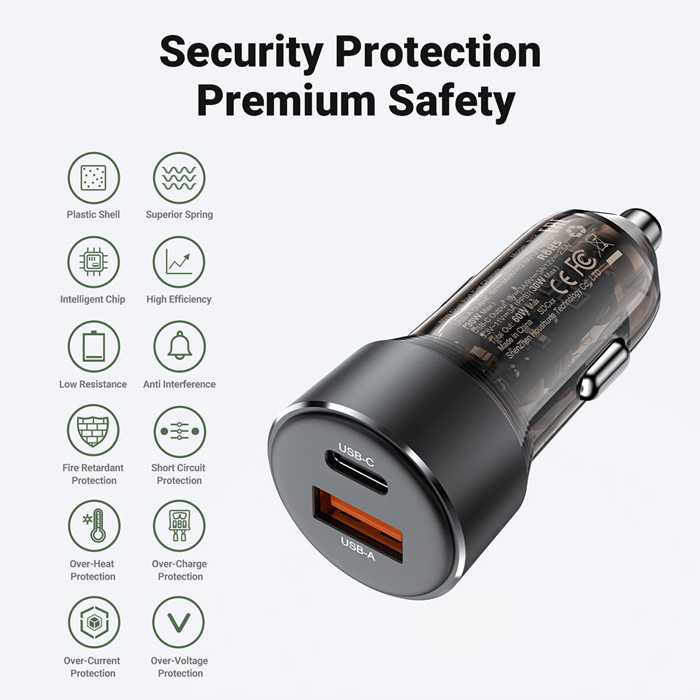 Acefast B12 Car Charger, 60W, 3A, 1 x USB-A - 1 x USB-C, Black