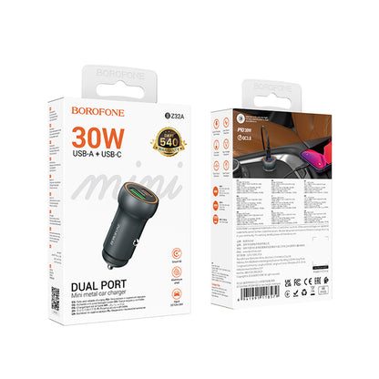 Borofone BZ32A Fresh Car Charger, 30W, 3A, 1 x USB-A - 1 x USB-C, Grey