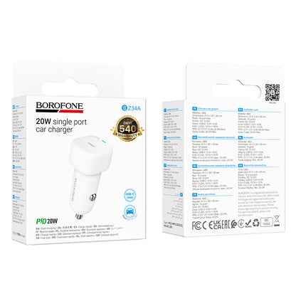 Borofone BZ34A Cloud Car Charger, 20W, 3A, 1 x USB-C, White