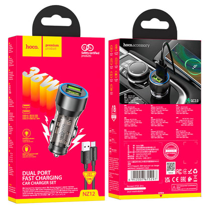Car Charger with microUSB Cable HOCO NZ12, 36W, 3A, 2 x USB-A, Black 