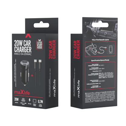 Car Charger with USB-C Cable MaXlife MXCC-04, 20W, 3A, 1 x USB-A - 1 x USB-C, Black