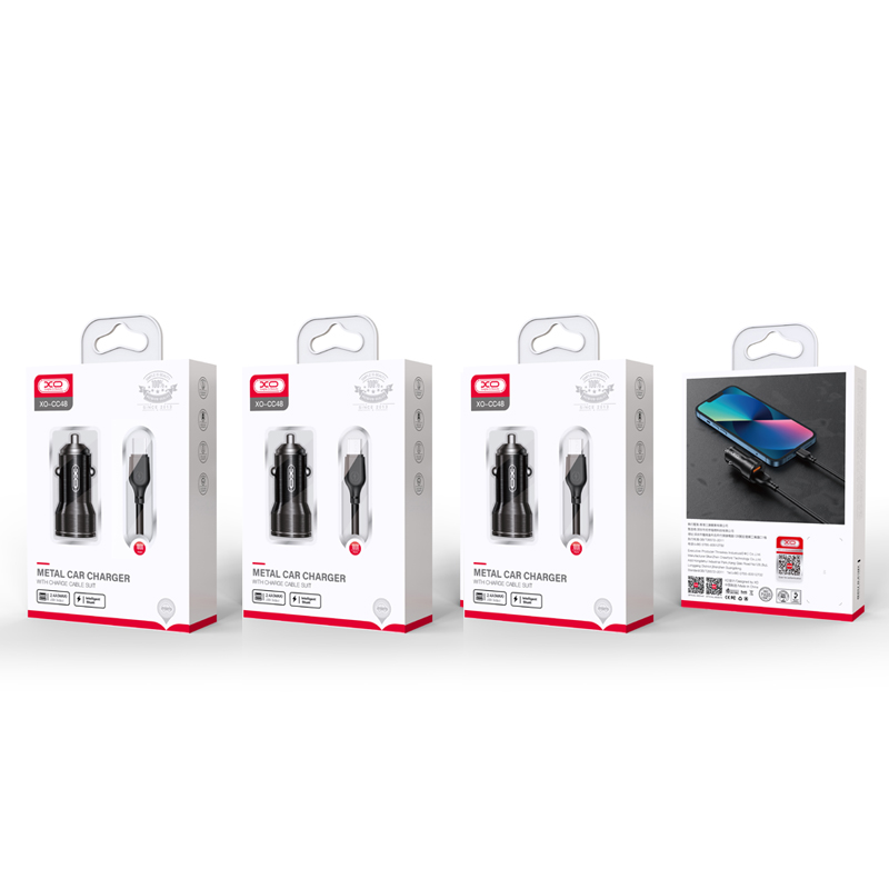 Car Charger with USB-C Cable XO Design CC48, 12W, 2.4A, 2 x USB-A, Grey