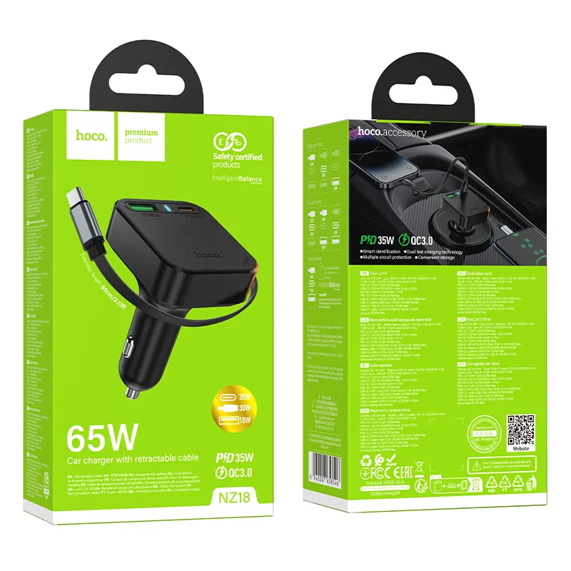 Car Charger with USB-C Cable HOCO NZ18, 65W, 3A, 1 x USB-A - 1 x USB-C, Black