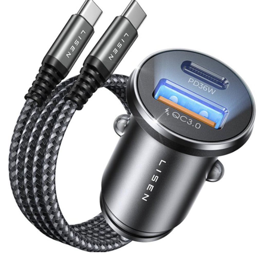Lisen USB-C Car Charger with Cable, 51W, 3A, 1 x USB-A - 1 x USB-C, Navy Black YL0223080047