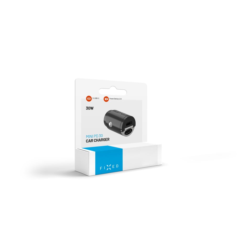 Fixed Auto Charger, 30W, 3A, 2 x USB-C, Black
