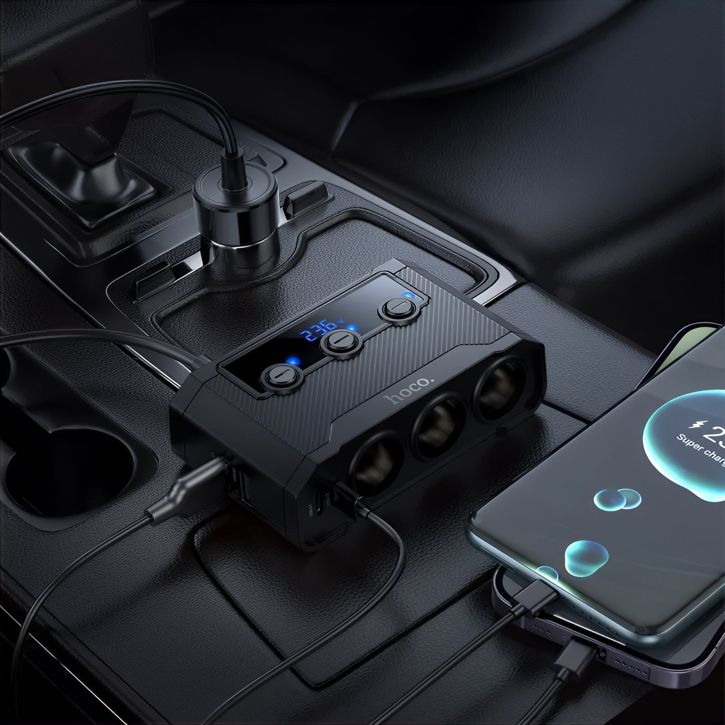 HOCO Z64 Car Charger, 15.5W, 3.1A, 2 x USB-A - 2 x USB-C - 3 x Cigarette Lighter Extension, Black