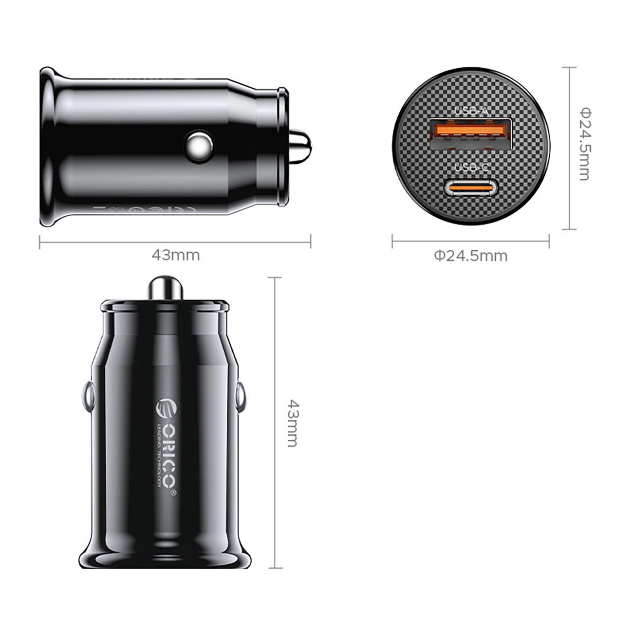 Orico PowerMini Car Charger, 30W, 3A, 1 x USB-A - 1 x USB-C, Black