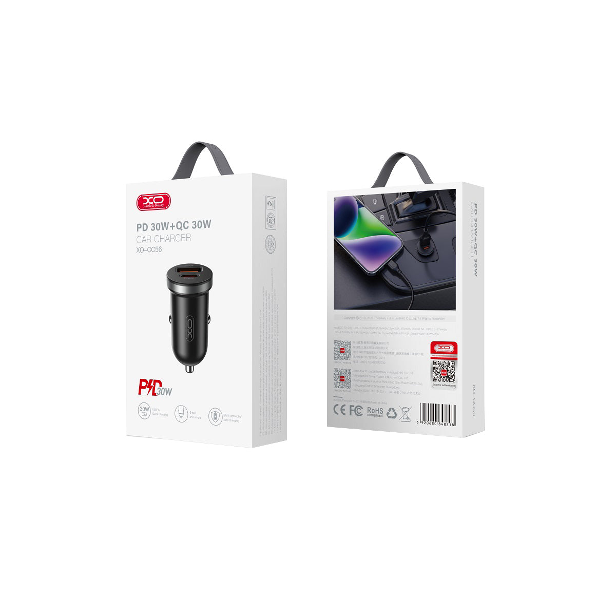 XO Design CC56 Car Charger, 30W, 3A, 1 x USB-A - 1 x USB-C, Black