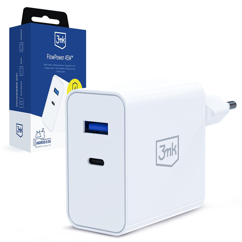 3MK FlowPower Network Charger, 45W, 1 x USB-A - 1 x USB-C, White