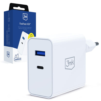 3MK FlowPower Network Charger, 45W, 1 x USB-A - 1 x USB-C, White