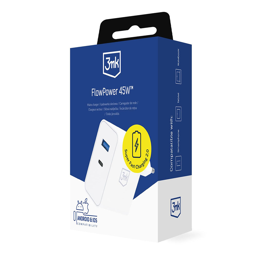 3MK FlowPower Network Charger, 45W, 1 x USB-A - 1 x USB-C, White