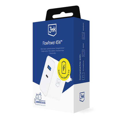 3MK FlowPower Network Charger, 45W, 1 x USB-A - 1 x USB-C, White