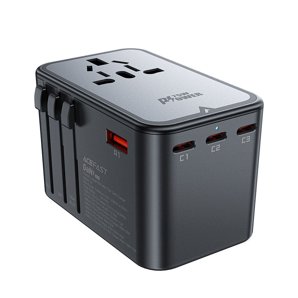 Acefast Travel Z1 Network Charger, 75W, 3.35A, 2 x USB-A - 3 x USB-C, Black
