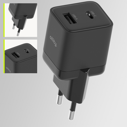Allity Network Charger. ATC-01-30WAC Mini, 30W, 3A, 1 x USB-A - 1 x USB-C, Black