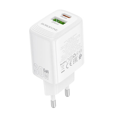 Borofone BN29 Fuente Network Charger, 30W, 3A, 1 x USB-A - 1 x USB-C, White