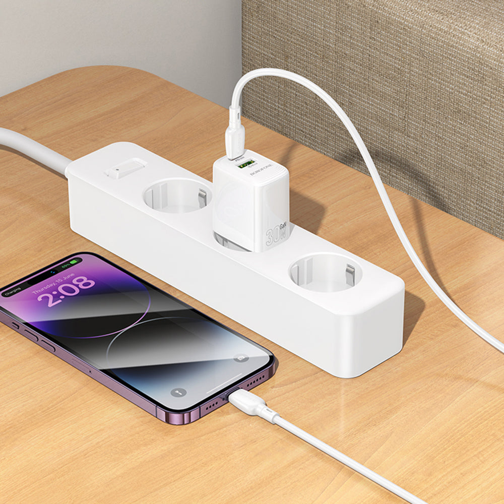 Borofone BN29 Fuente Network Charger, 30W, 3A, 1 x USB-A - 1 x USB-C, White