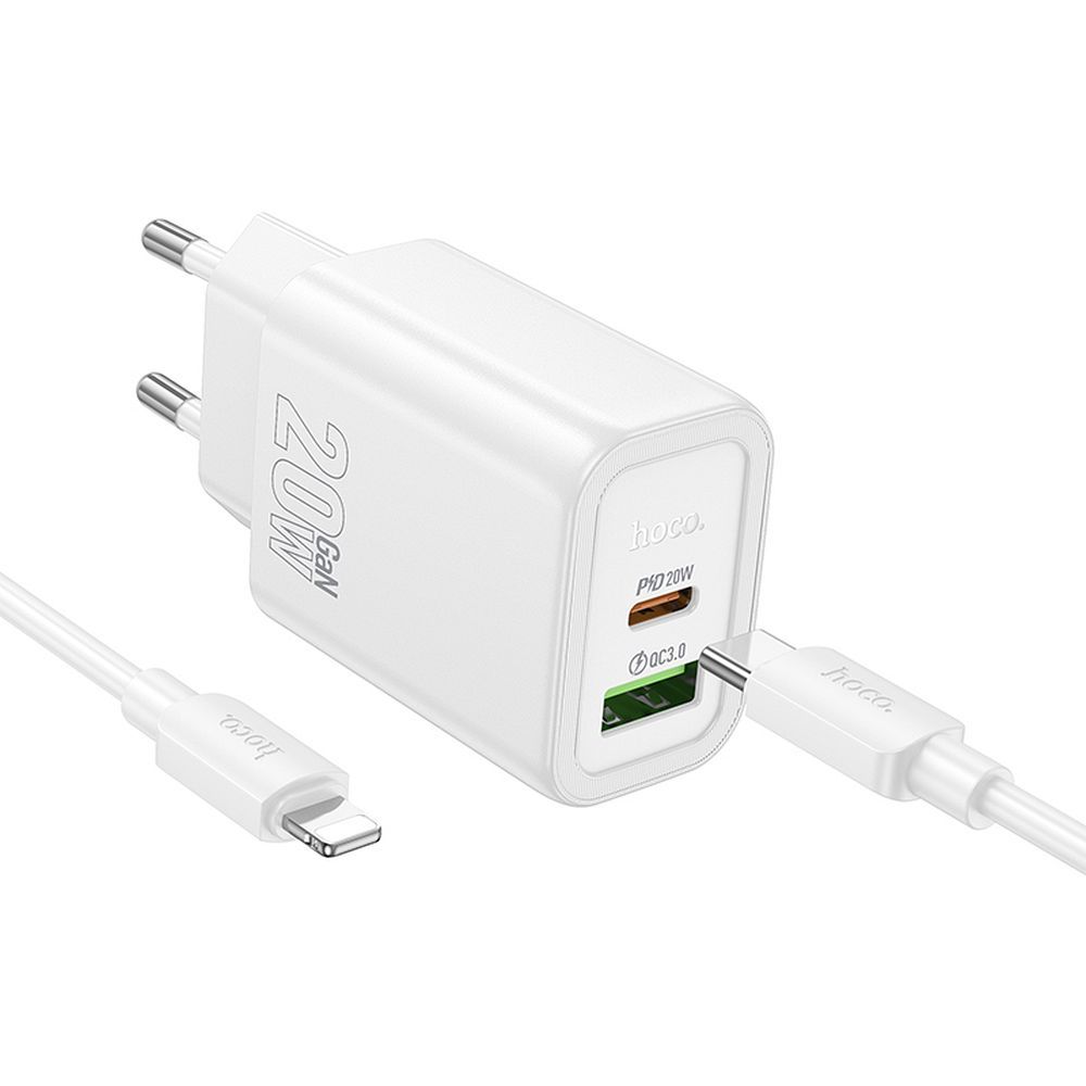 Network Charger with Lightning Cable HOCO N61, 20W, 3A, 1 x USB-A - 1 x USB-C, White