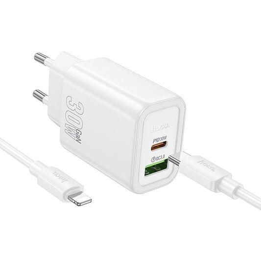 Network Charger with Lightning Cable HOCO N63, 30W, 3A, 1 x USB-A - 1 x USB-C, White