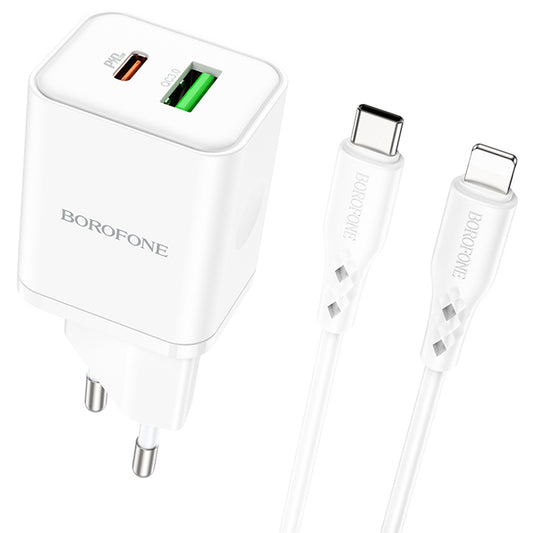 Network Charger with Lightning Cable Borofone BN7, 20W, 3A, 1 x USB-A - 1 x USB-C, White