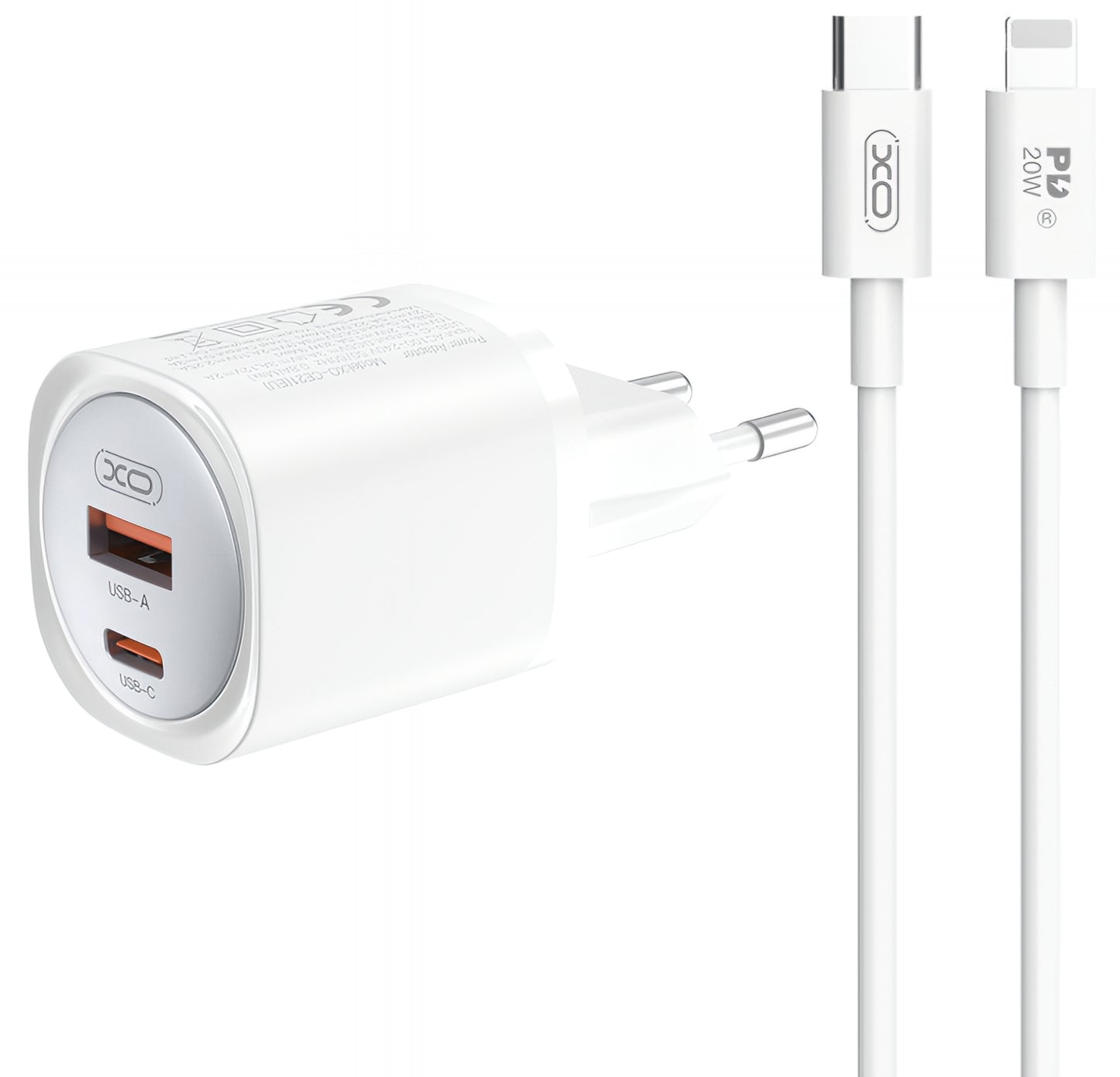 Network Charger with Lightning Cable XO Design CE21, 30W, 3A, 1 x USB-A - 1 x USB-C, White