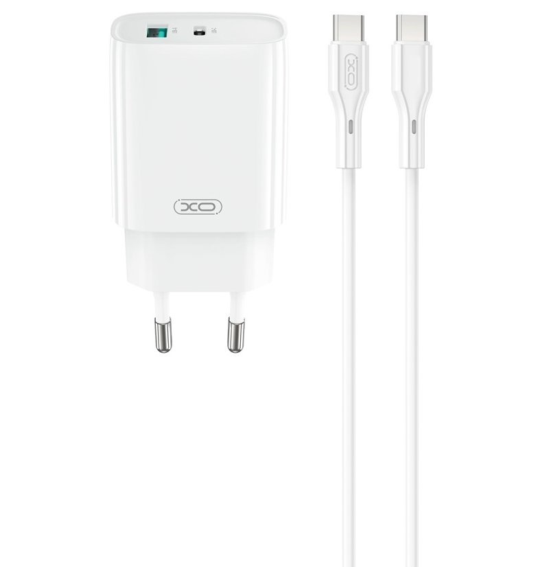 Network Charger with USB-C Cable XO Design CE30, 30W, 3A, 1 x USB-A - 1 x USB-C, White