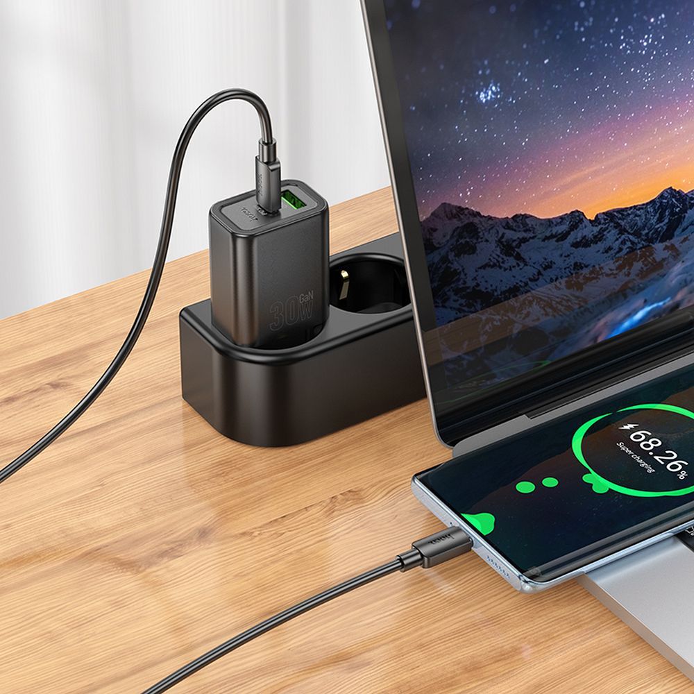 Network Charger with USB-C Cable HOCO N63, 30W, 3A, 1 x USB-A - 1 x USB-C, Black