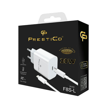 Network Charger with Lightning Cable Prestico F8S, 20W, 3A, 1 x USB-C, White