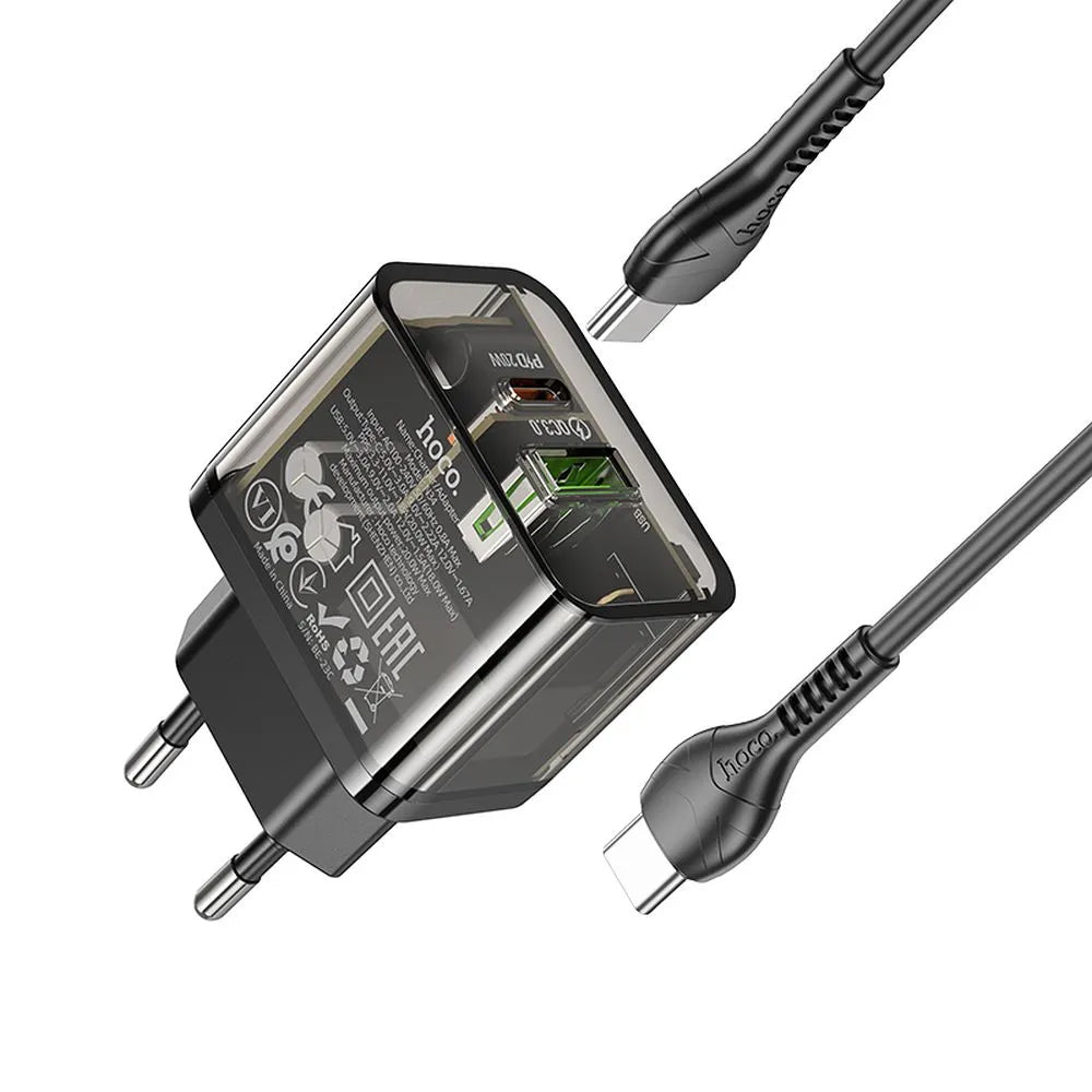 Network Charger with USB-C Cable HOCO N34, 20W, 3A, 1 x USB-A - 1 x USB-C, Transparent