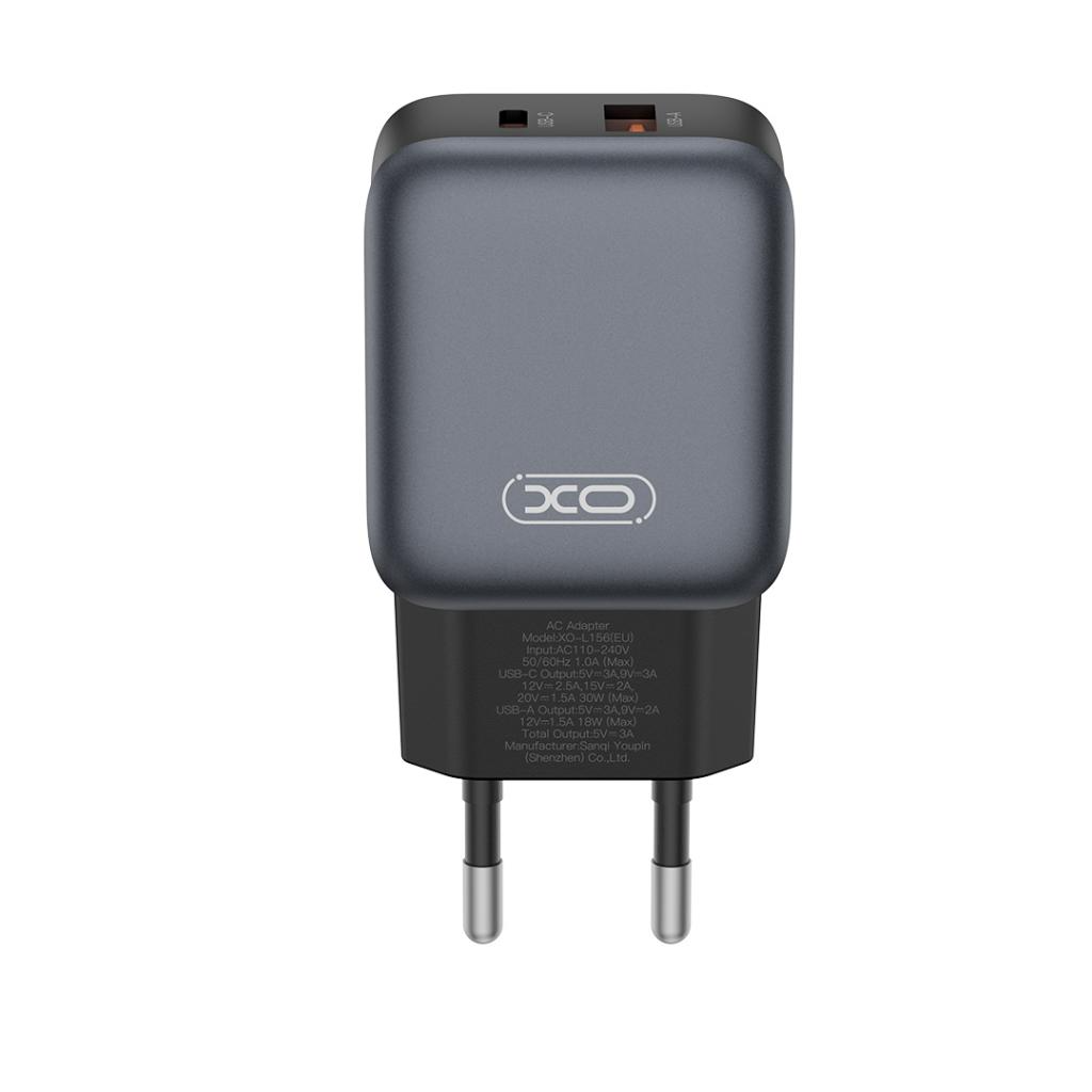 Network Charger with Lightning Cable XO Design L156, 30W, 3A, 1 x USB-A - 1 x USB-C, Black